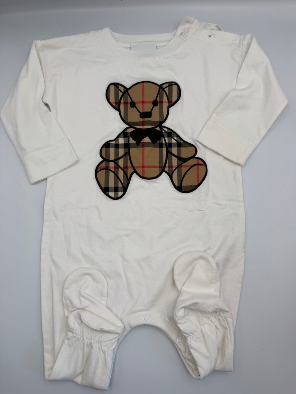 Burberry thomas bear check cotton applique longsleeve romper 9m